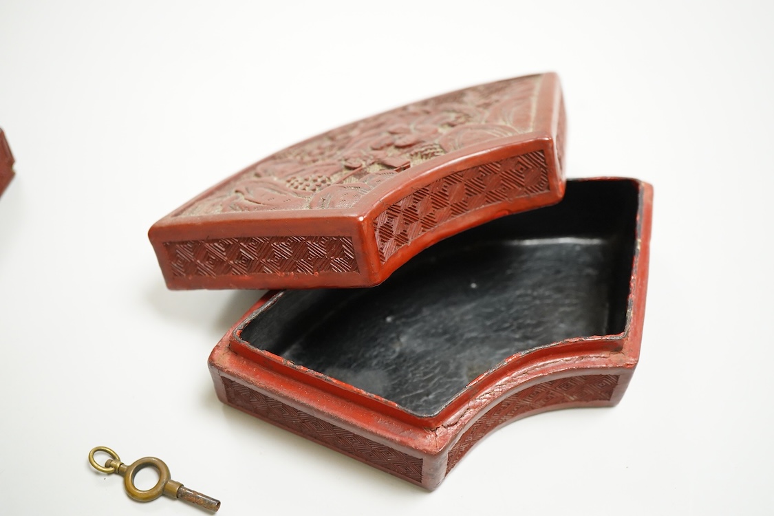Two Chinese cinnabar lacquer boxes and a Chinese archaistic miniature bronze tripod censer, rectangular lacquer box 11.5cm high x 7.5cm deep